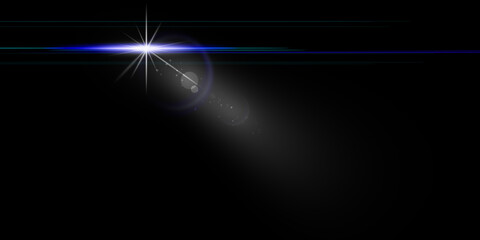 A large luminous star on a black background with highlights. Illustration. Background with a big shining star in the sky, a strip of neon light and highlights. High quality illustration