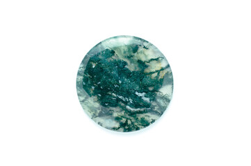 green moss agate (chalcedony crystal with green dendritic inclusion)  macro detail white isolated background. close-up polished semi-precious gemstone copy space.