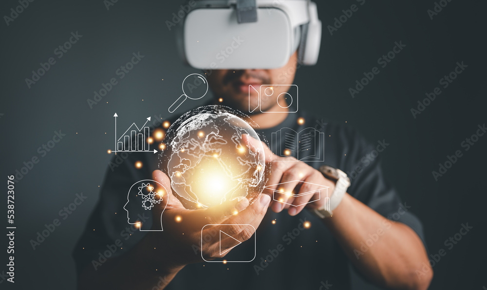 Aufkleber man wearing VR glasses and accessing the Technology Internet, multimedia, Storage Network connection Concept And a large database big data Through internet technology. E-learning, online study..