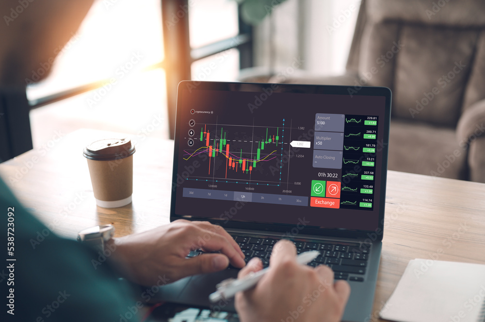 Poster planning and strategy, stock market, trader or investor working at home. technical price graph and i