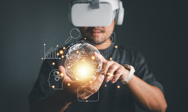 man wearing VR glasses and accessing the Technology Internet, multimedia, Storage Network connection Concept And a large database big data Through internet technology. E-learning, online study..
