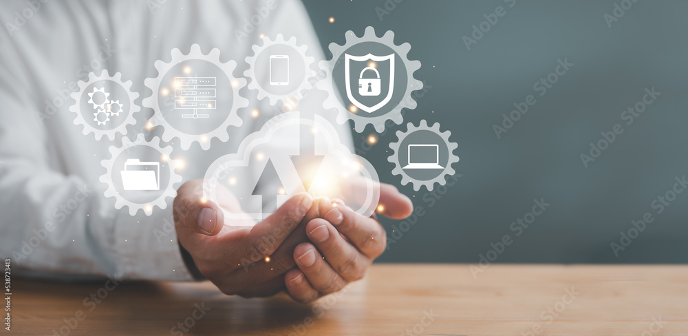 Leinwandbilder man showing virtual screen with cloud computing diagram. Cloud technology. Data storage. Networking and internet service concept..