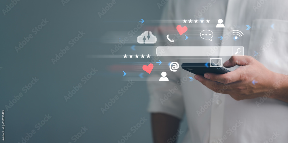Fototapete Search engine optimization, SEO, Searching Browsing Internet Data Information Networking Concept, Businessman use smartphone for find data on networking, copy space..
