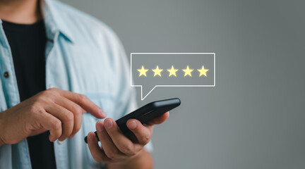 Customer review satisfaction feedback survey concept, User give rating to service experience on online application, Customer can evaluate quality of service leading to reputation ranking of business..