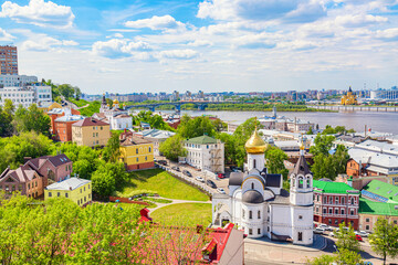 Aerial drone view Nizhny Novgorod city center, Russia. Summer sunny day