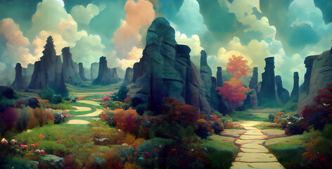 Enchanted garden with footpath and jagged mountains. Adventure landscape with a sky full of clouds and flowers of all colors.