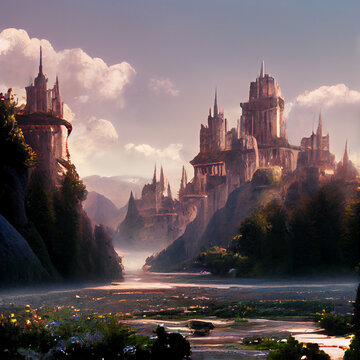 Landscape of the lord of the elves with castle and palace. Place where mythological beings live. Place where elves, dwarves, kings, goblins and fairies live.