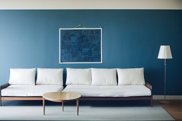 White sofa and blue armchair in living room with posters on the wall