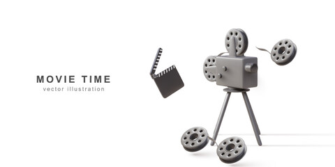 3d realistic Vintage camera, cinema clapper and reels. Vector illustration.