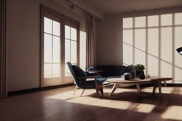 Interior of living room with wooden triangular coffee table, lamp and black armchair 3d rendering