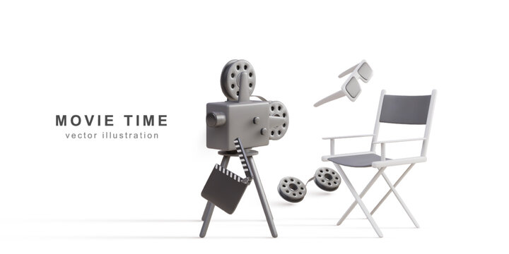 3d realistic retro camera, clapperboard, Film reels, glasses and director chair. Vector illustration.