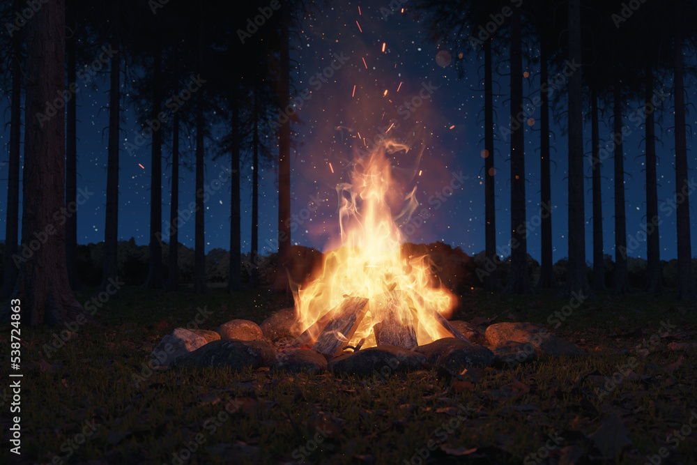 Wall mural 3d rendering of big bonfire with sparks and particles in front of pine trees and starry sky