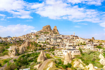 Naklejka premium Aerial drone view of Uchisar Castle in Cappadocia, Turkey