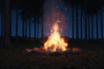 3D rendering of big bonfire with sparks and particles in front of pine trees and starry sky - obrazy, fototapety, plakaty