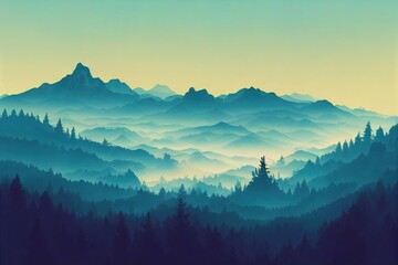 Obraz premium Misty landscape with fir forest in hipster vintage retro style