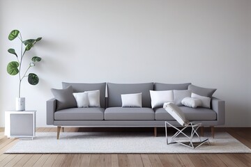 Livingroom interior wall mock up with gray fabric sofa and pillows on white background with free space on right. 3d rendering.