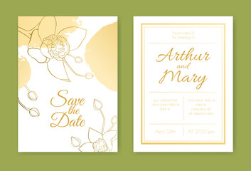 Fototapeta na wymiar Wedding invitation layout with large outline orchid buds, abstract golden paint blots. Hand drawn vintage ink flowers. Trendy festive design. Decorative art element. Romantic holiday card. Two sides.