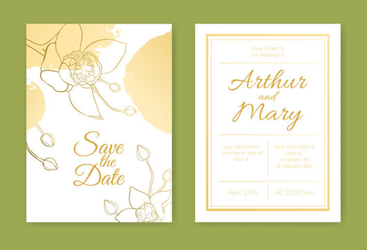 Wedding invitation layout with large outline orchid buds, abstract golden paint blots. Hand drawn vintage ink flowers. Trendy festive design. Decorative art element. Romantic holiday card. Two sides.