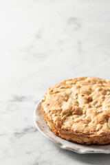 Apple pie Charlotte on white marble background. Text space