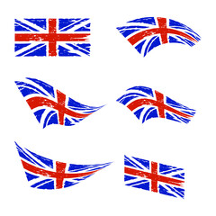 Wavy United Kingdom flag set. Red and blue distorted grunge British flag. Isolated on white background. Vector illustration.