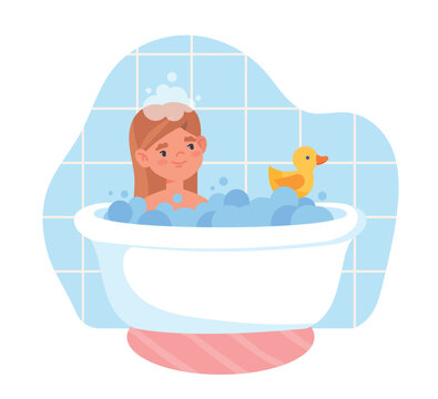 Kid girl in bath. Charming young character in bathroom with bubbles and yellow duck. Daily routine and activity. Clean and health care, hygiene. Soap and gel. Cartoon flat vector illustration