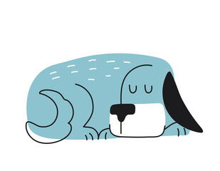 Blue cute doodle dog. Charming puppy lies and sleeps. Comfort and coziness. Sticker for social networks and messengers. Creativity and art, hand drawn and outline. Cartoon flat vector illustration