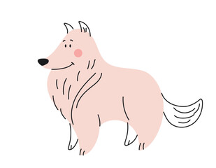 Pink cute doodle dog. Fluffy puppy standing, cheerful character. love for animals and care for pets. Graphic element for website, logotype for veterinary clinic. Cartoon flat vector illustration