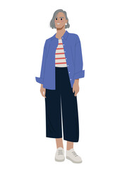 Obraz na płótnie Canvas Elderly woman in casual clothes. Grandmother in dark jeans, striped red and white Tshirt and blue shirt. Fashion, trend and style. Elegance and aesthetics, glamour. Cartoon flat vector illustration