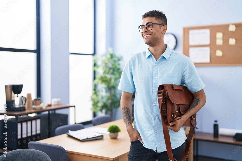 Sticker African american man business worker smiling confident holding leather briefcase at office