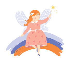 Fairy with magic wand. Little girl in pink dress with wings and rainbow. Graphic element for printing on fabric, poster or banner for website. Fantasy and fairy tale. Cartoon flat vector illustration
