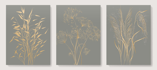 Gray art background with flowers and grass in golden line style. Set of hand drawn botanical vector posters for decoration, print, interior design, wallpaper, banner, poster, packaging. - 538729261