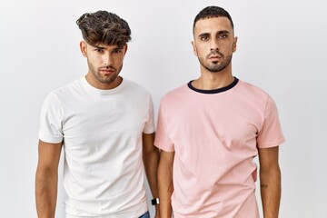 Young gay couple standing over isolated background relaxed with serious expression on face. simple and natural looking at the camera.