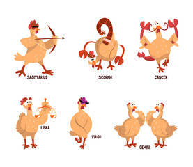 Funny Turkey Character and Zodiac Signs Like Sagittarius, Scorpio, Cancer, Libra, Virgo and Gemini Vector Set
