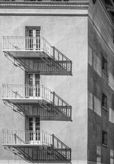 Fire Escapes on a Vintage Building in Black and White.
