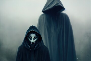 Fototapeta na wymiar Creepy figure in hooded cloak with wolf mask in hands over dark misty background