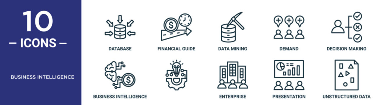 Business Intelligence Outline Icon Set Includes Thin Line Database, Financial Guide, Data Mining, Demand, Decision Making, Business Intelligence, Icons For Report, Presentation, Diagram, Web