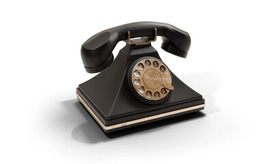 Old vintage classic phone made out of black plastic. 60s, 70s and 80s style. 3d retro illustration isolated from background
