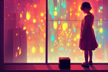 the young girl standing and looking at the clocks that melted into luminous liquid, digital art style, illustration painting
