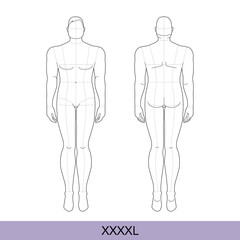 Set of XXXXL Men Fashion template extra large 9 head size Croquis over plus size Gentlemen model Curvy body figure front, back view. Vector boy for Fashion Design, Illustration, technical drawing