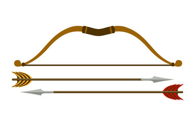 Wooden hunting bow arrow sharp flat set. Hunting military equipment aiming shot military equipment old medieval weapons feather longbow indian tensioned bowstring icon isolated