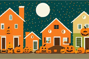 houses decorated for halloween holiday celebration home buildings front view with different pumpkins horizontal 2d illustration illustration