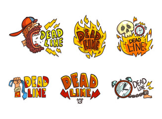 Deadline and Time Limit Labels with Screaming Man, Burning Fire, Skull, Leg with Chain and Clock Vector Set