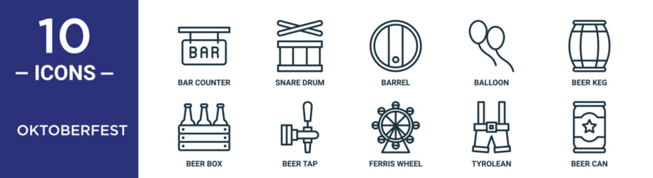 Oktoberfest Outline Icon Set Includes Thin Line Bar Counter, Snare Drum, Barrel, Balloon, Beer Keg, Beer Box, Beer Tap Icons For Report, Presentation, Diagram, Web Design