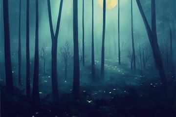 Obraz premium Dark gloomy forest. Night in the forest. Nature scene with forest and moonlight. Night view of the forest, nature, fog, smog, smoke.
