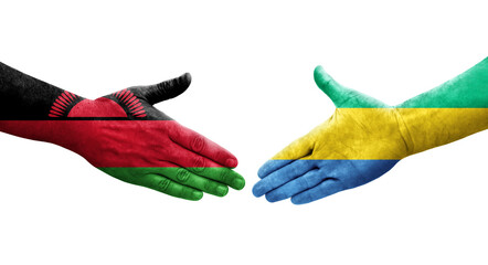 Handshake between Gabon and Malawi flags painted on hands, isolated transparent image.