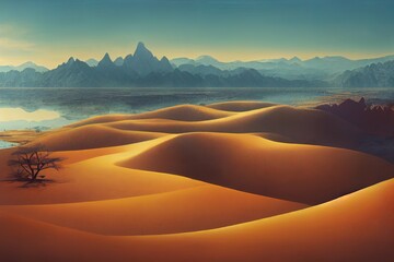 Landscape with mountains and a lake and a dried desert. Global climate change concept