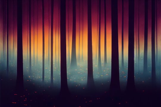 Faint light in a beautiful forest in the night