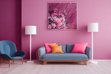 Real photo of a pink armchair standing on a rug and under a lamp in spacious living room interior, next to a table with flowers and in front of a shelf next to a grey wall with dark painting
