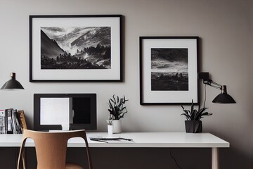 Posters on grey wall above wooden desk with computer monitor in open space interior