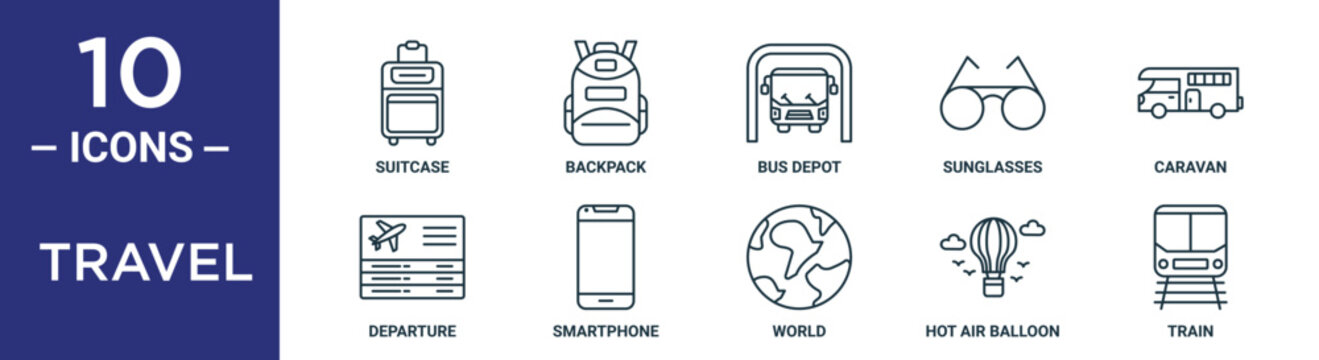 Travel Outline Icon Set Includes Thin Line Suitcase, Backpack, Bus Depot, Sunglasses, Caravan, Departure, Smartphone Icons For Report, Presentation, Diagram, Web Design